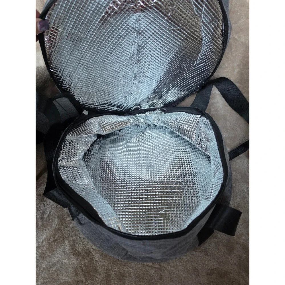 Insulated Double Deck Thermal Food Carrier Bag Grey Round Pie Casserole Tote